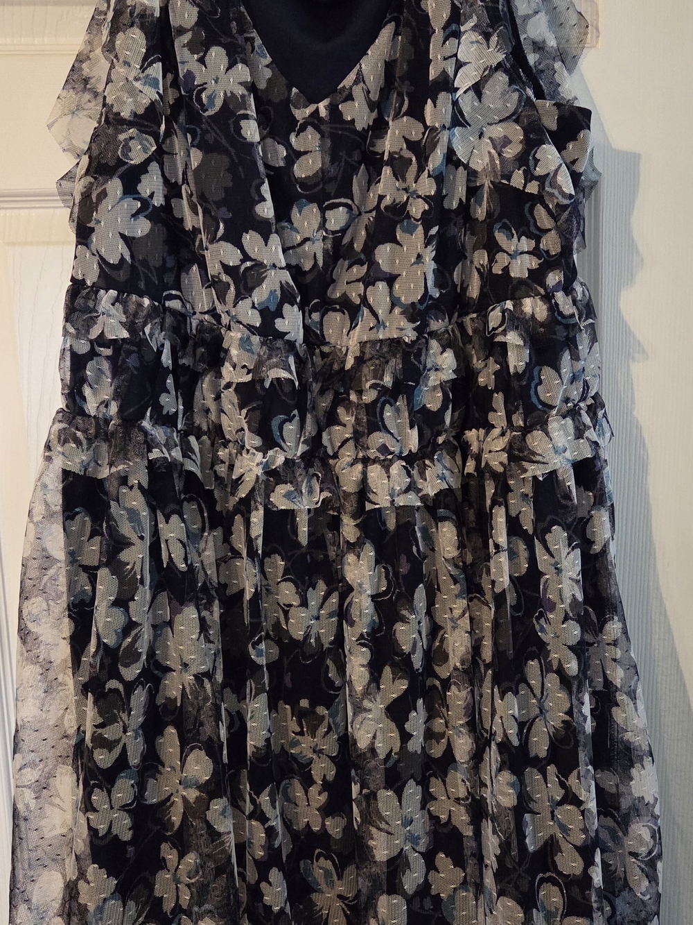 Lane Bryant Navy and White Floral V-Neck Ruffle Dress